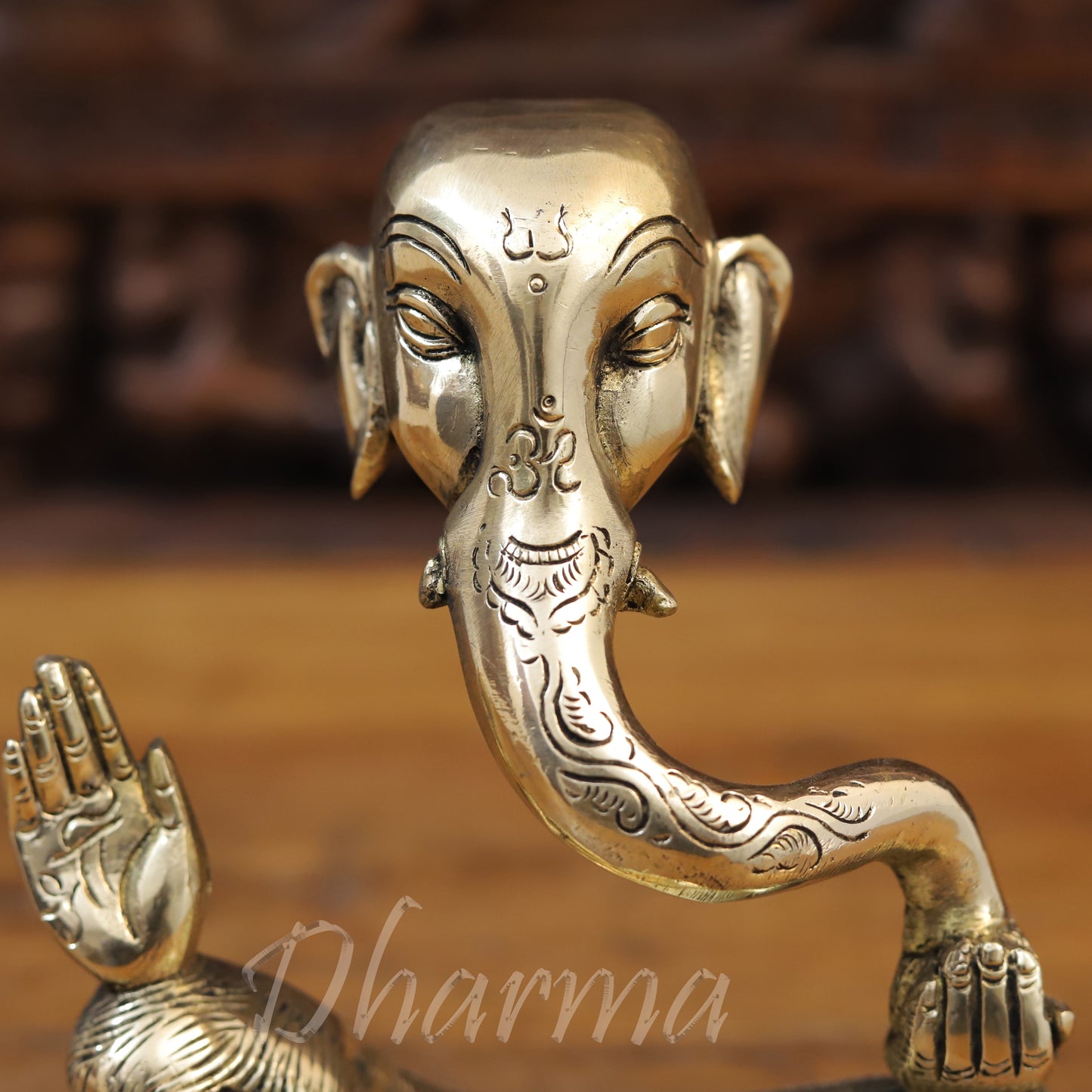 Brass Modern Ganesh seated in Blessing Posture, Golden Finish, 8"