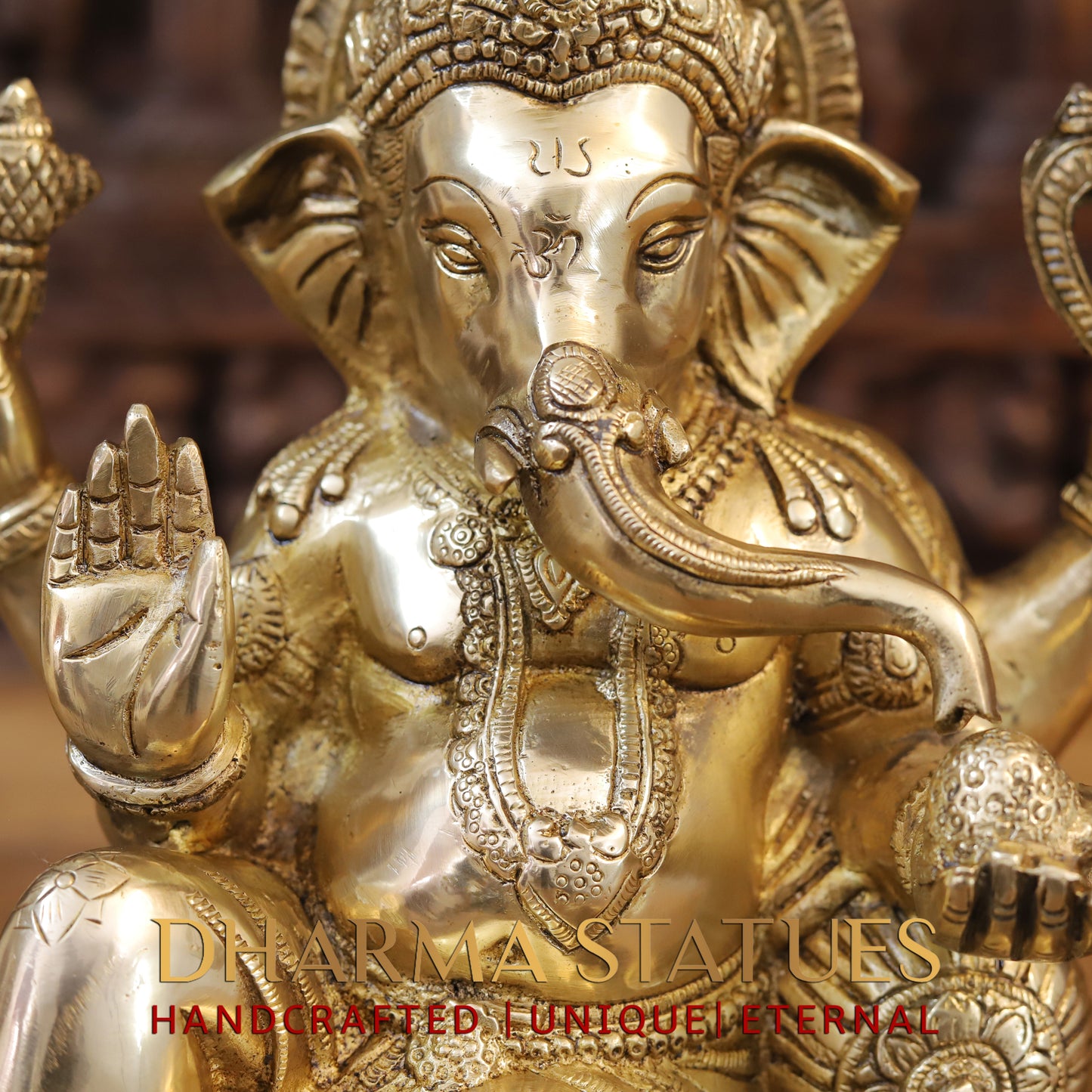Brass Ganesh seated, Blessing Posture, Golden Finish, 12"