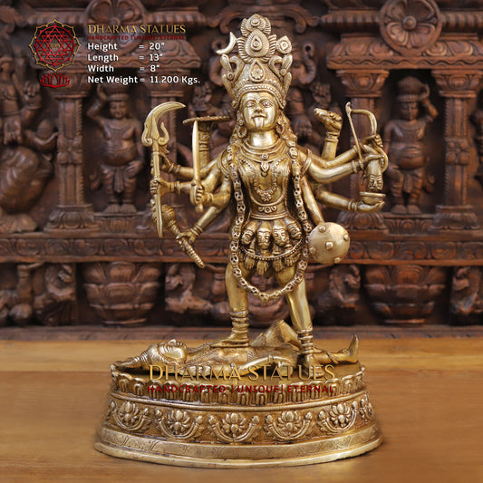 Brass Mahakaali, Durga Killing the Demon, Golden Finish, 20"