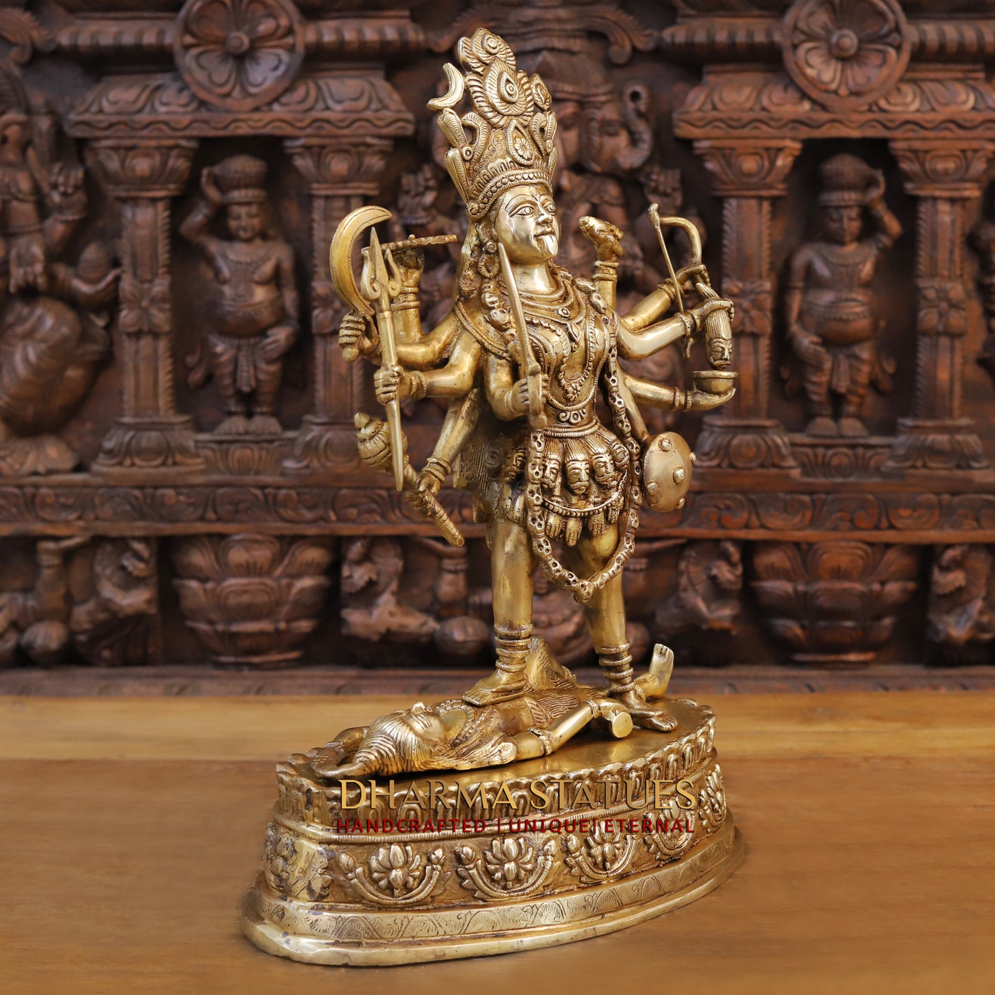 Brass Mahakaali, Durga Killing the Demon, Golden Finish, 20"