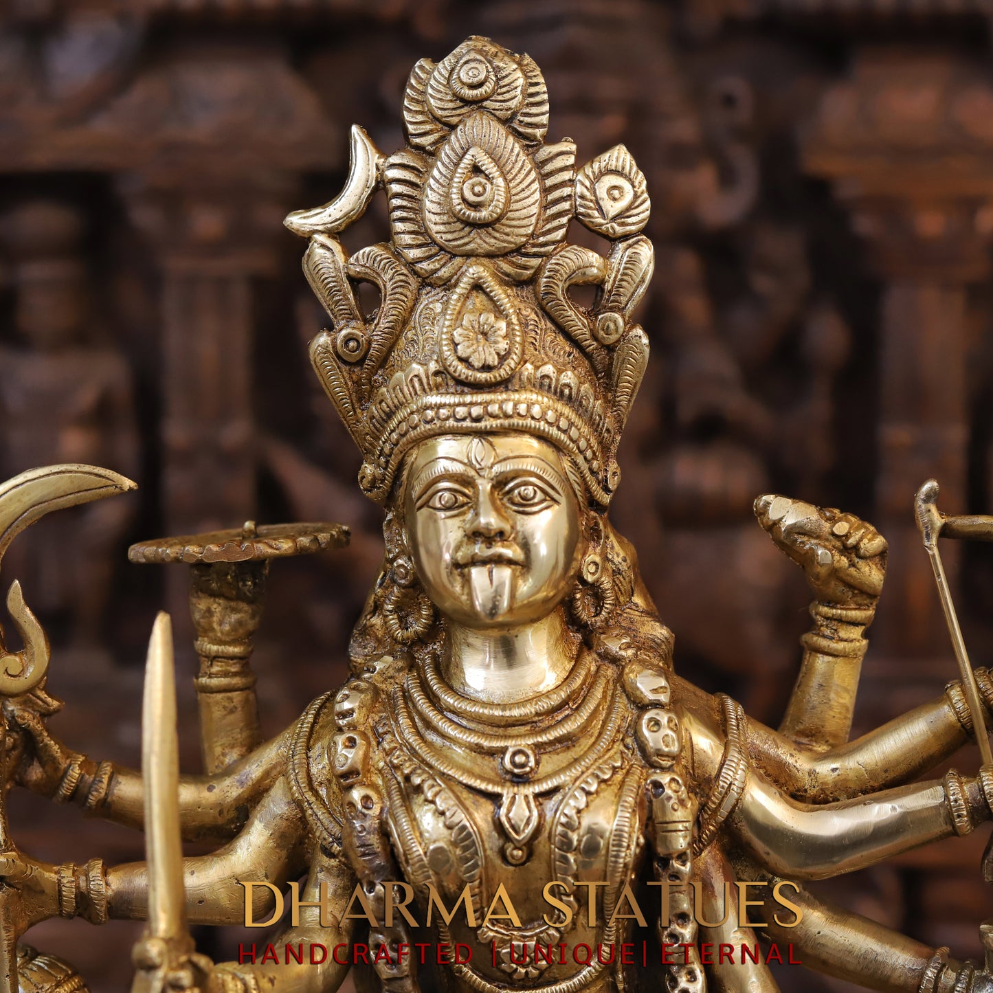 Brass Mahakaali, Durga Killing the Demon, Golden Finish, 20"