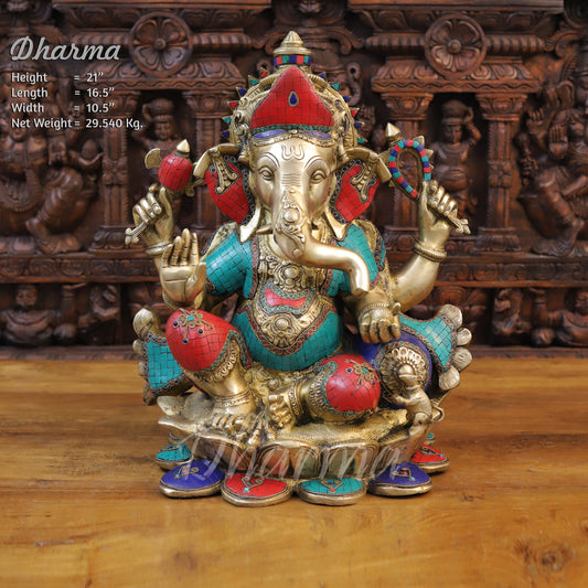 Brass Ganesh seated on Lotus, Stonework & Golden Finish, 21"