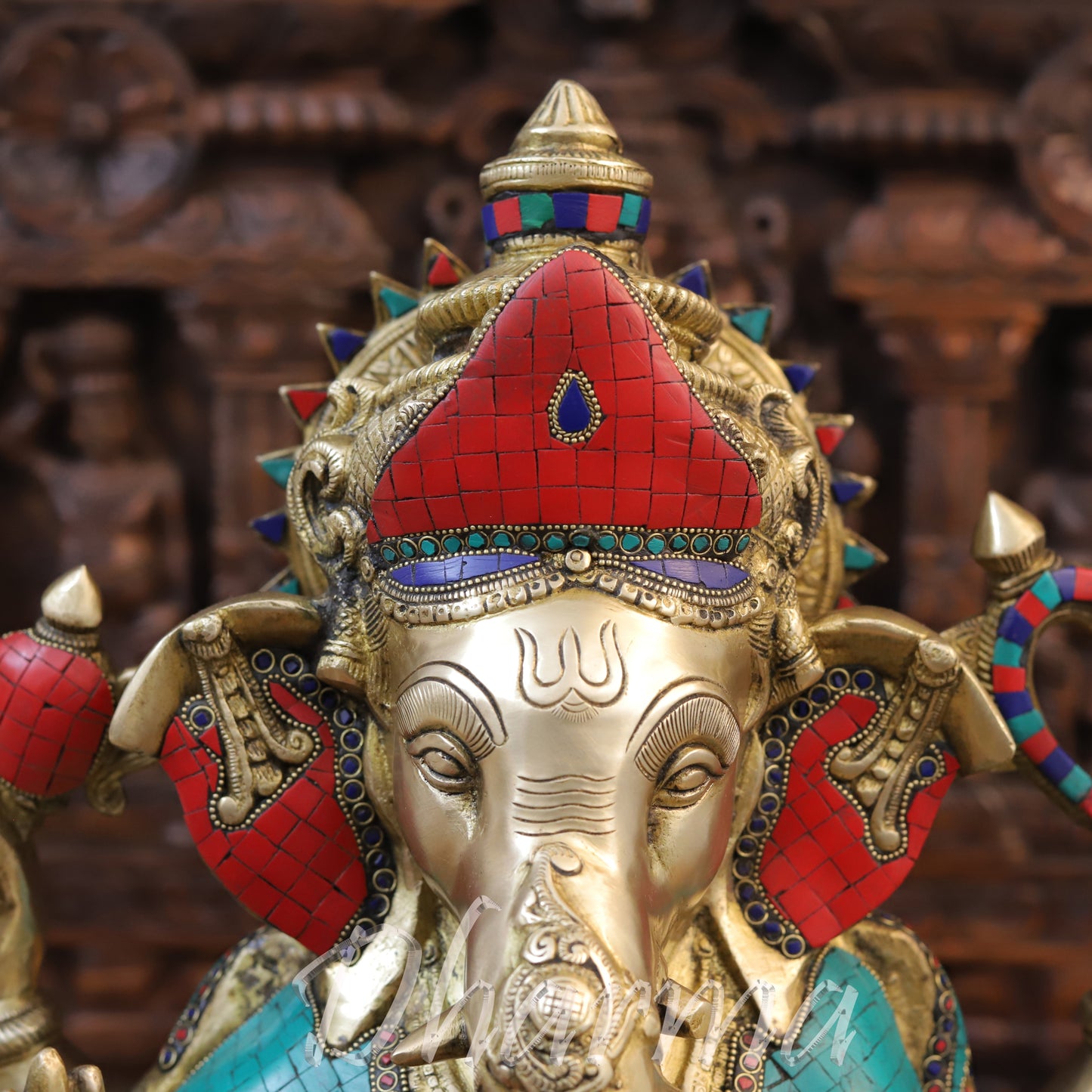 Brass Ganesh seated on Lotus, Stonework & Golden Finish, 21"
