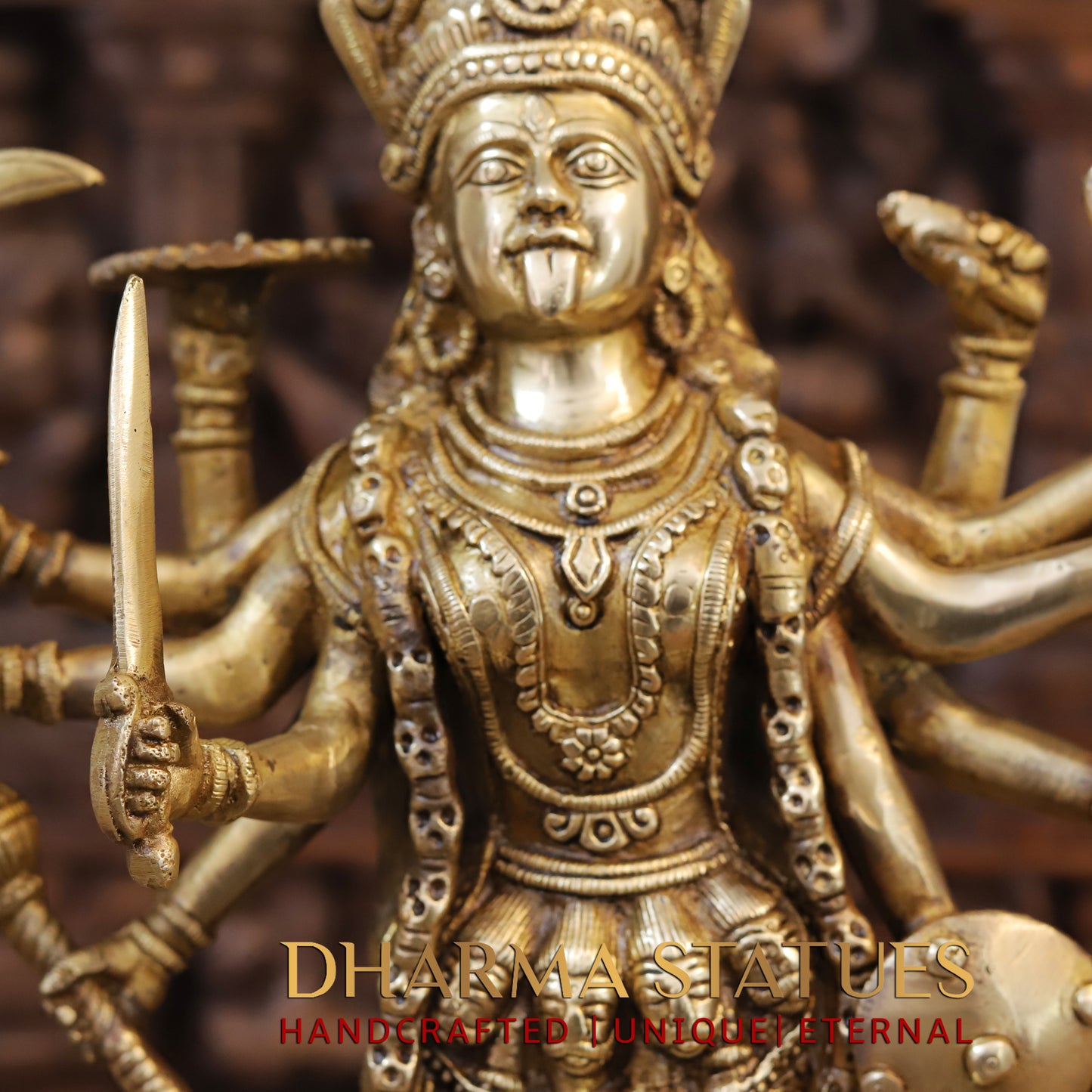 Brass Mahakaali, Durga Killing the Demon, Golden Finish, 20"