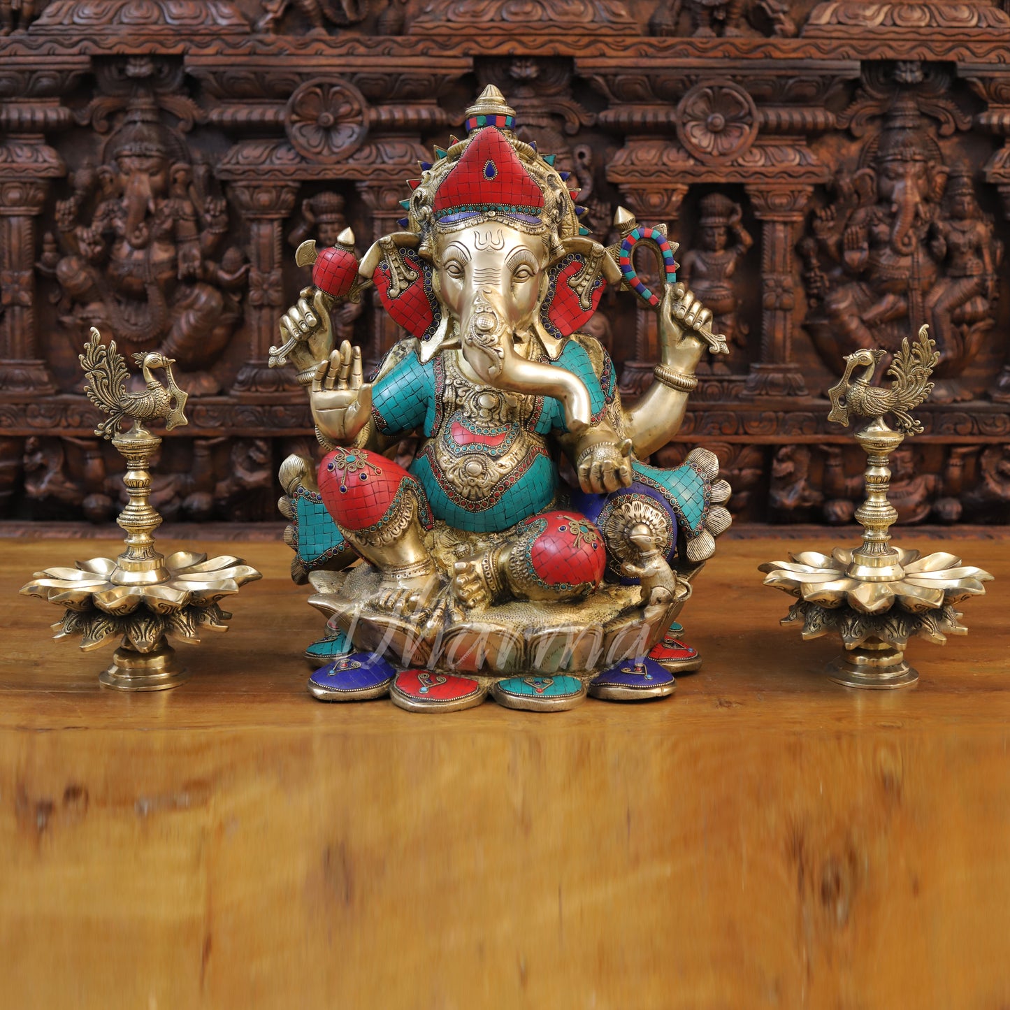 Brass Ganesh seated on Lotus, Stonework & Golden Finish, 21"