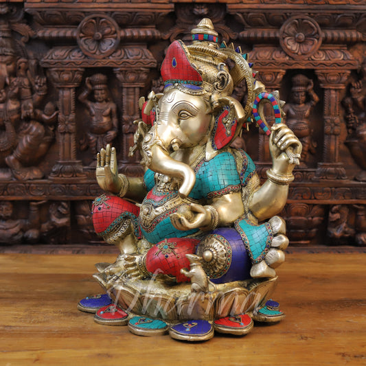 Brass Ganesh seated on Lotus, Stonework & Golden Finish, 21"