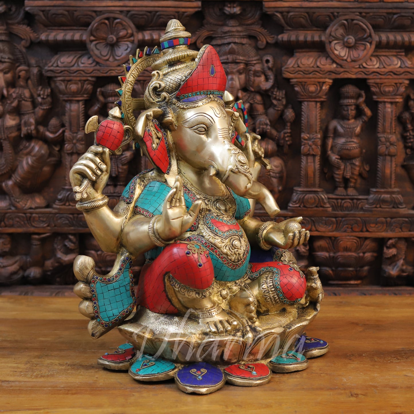 Brass Ganesh seated on Lotus, Stonework & Golden Finish, 21"