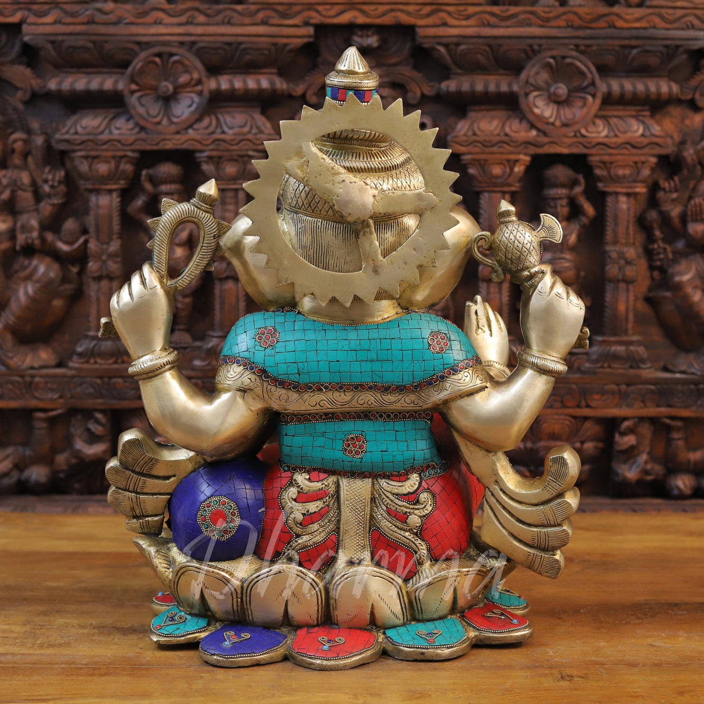 Brass Ganesh seated on Lotus, Stonework & Golden Finish, 21"