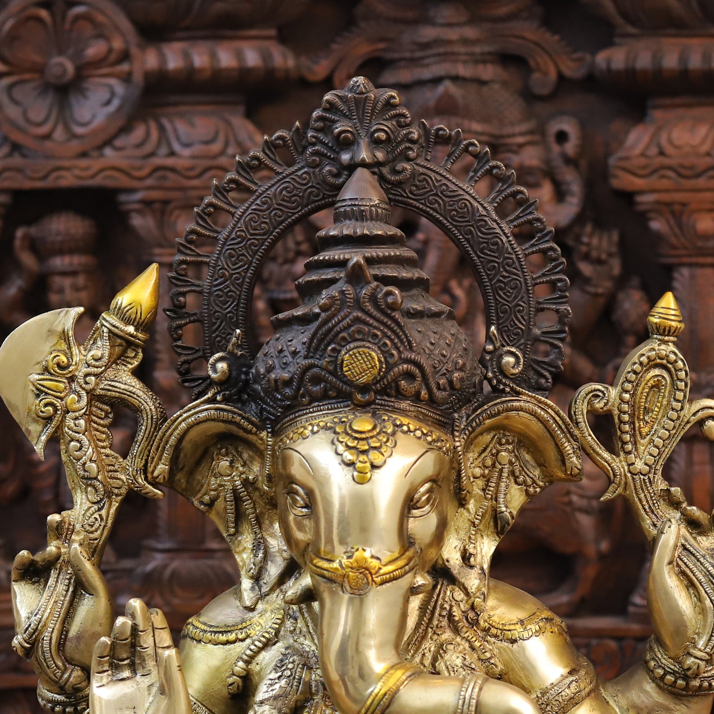 Brass Ganesh seated on Base with Fine Carved jewelry, Copper & Golden Finish, 19.5"
