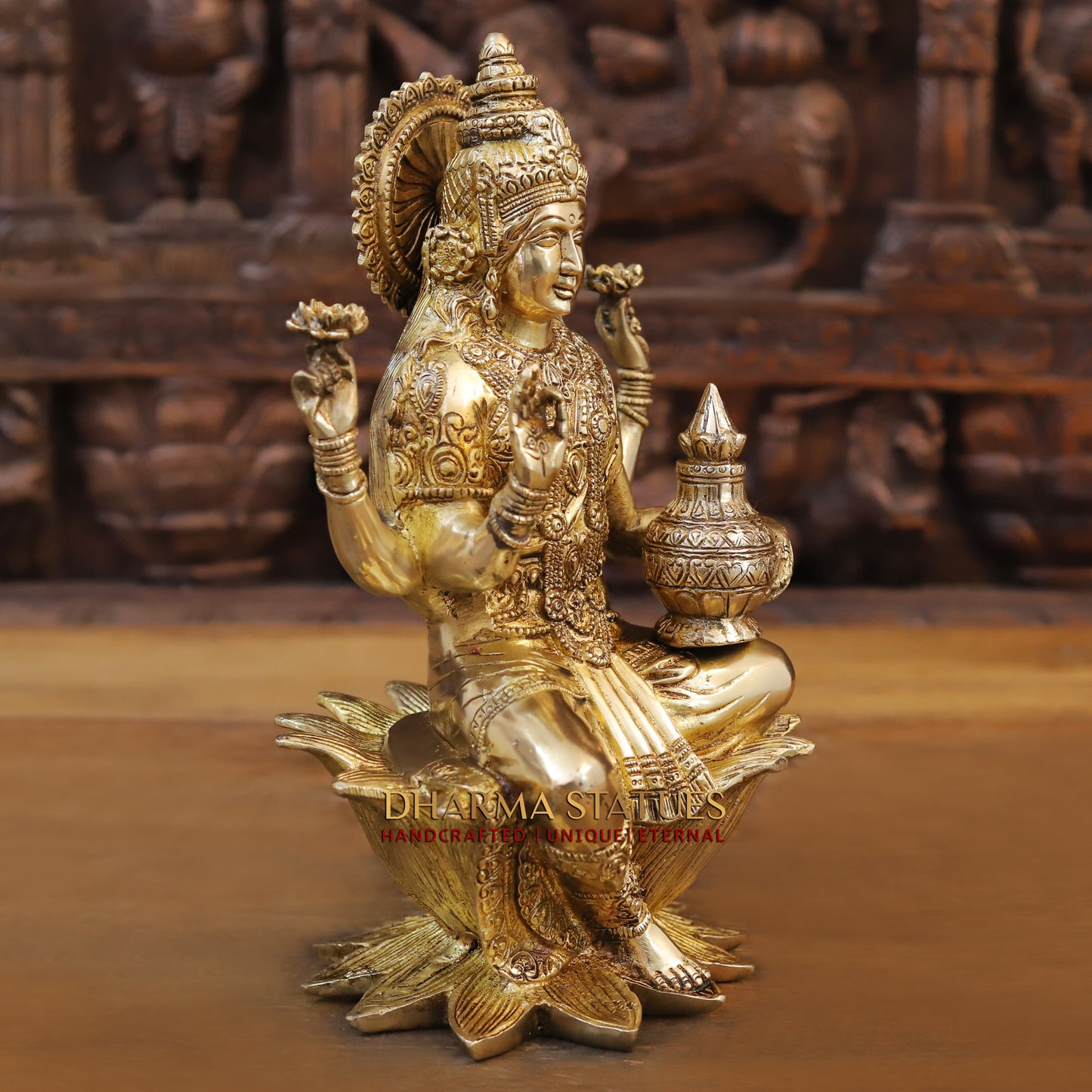 Brass Lakshmi seated on Lotus, Blessing Posture, Golden Finish, 12"
