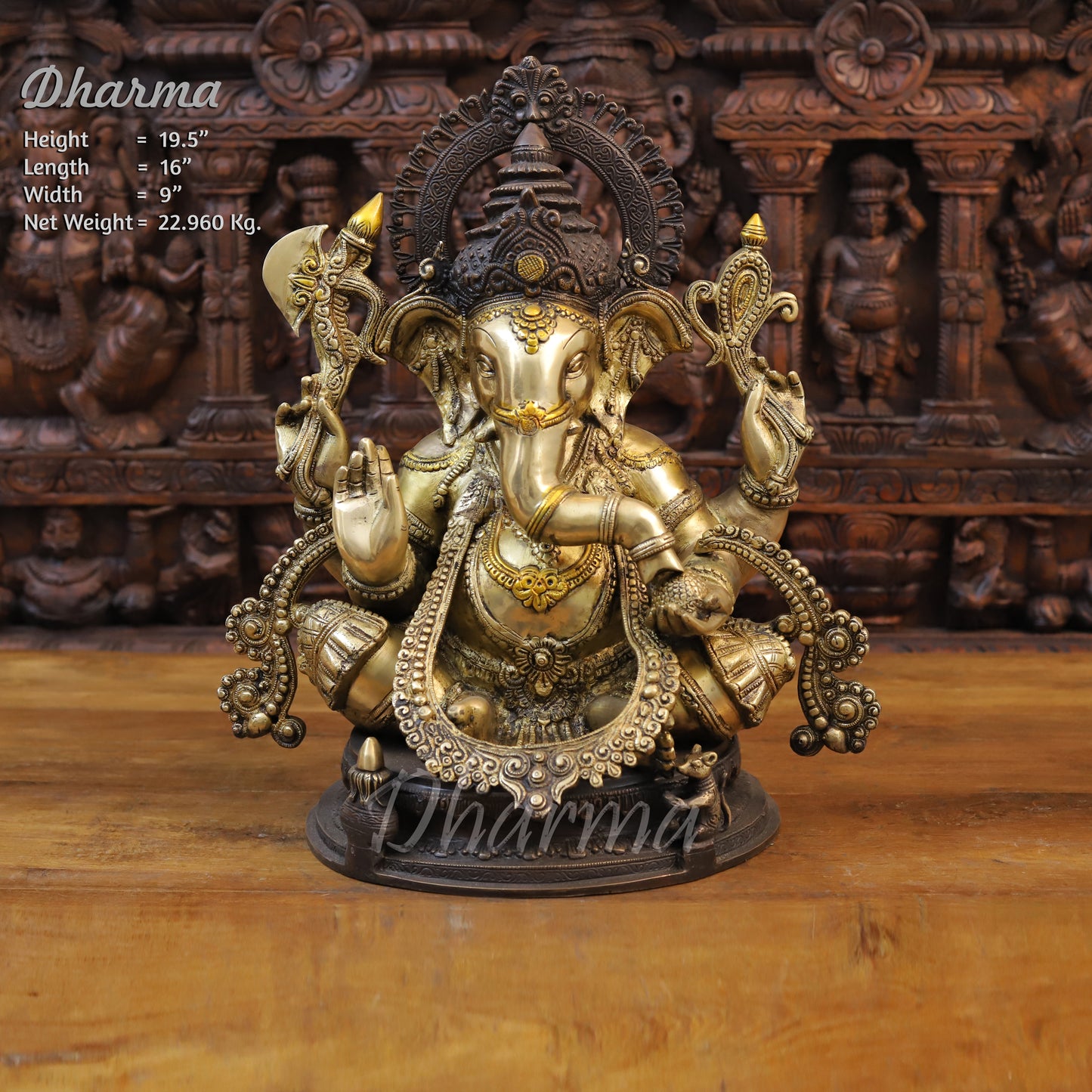 Brass Ganesh seated on Base with Fine Carved jewelry, Copper & Golden Finish, 19.5"