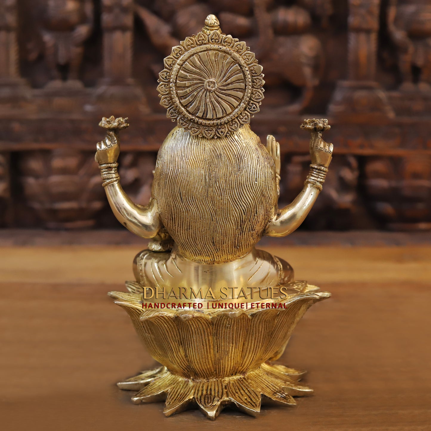 Brass Lakshmi seated on Lotus, Blessing Posture, Golden Finish, 12"