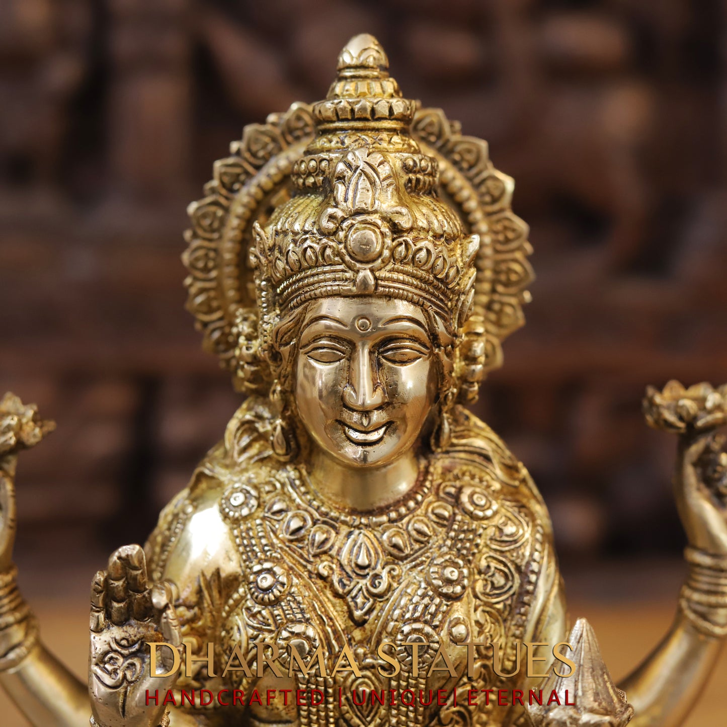 Brass Lakshmi seated on Lotus, Blessing Posture, Golden Finish, 12"