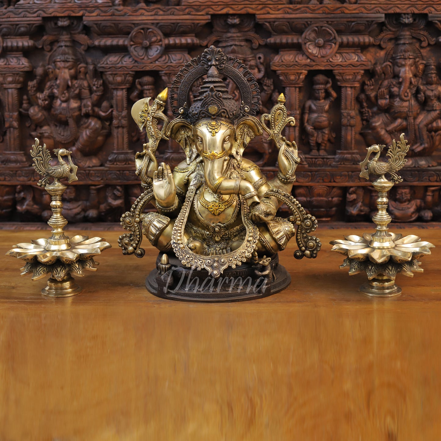 Brass Ganesh seated on Base with Fine Carved jewelry, Copper & Golden Finish, 19.5"