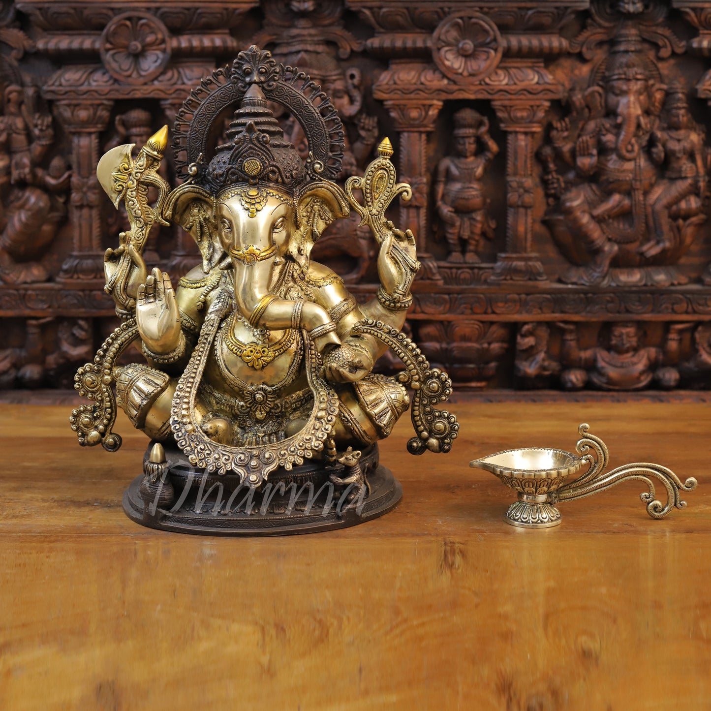 Brass Ganesh seated on Base with Fine Carved jewelry, Copper & Golden Finish, 19.5"