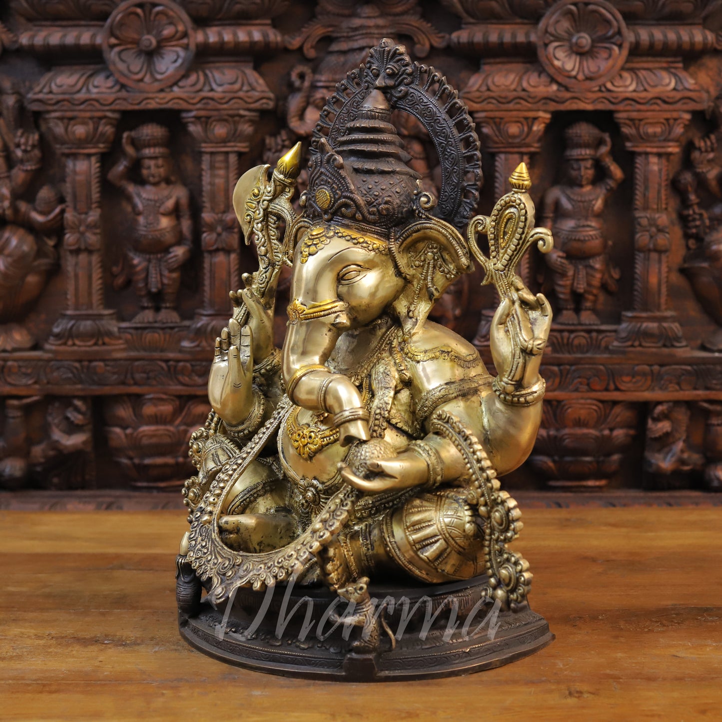 Brass Ganesh seated on Base with Fine Carved jewelry, Copper & Golden Finish, 19.5"