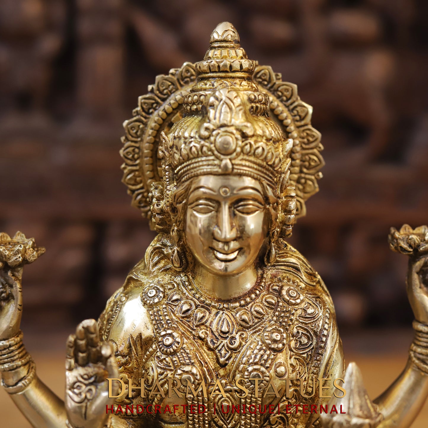 Brass Lakshmi seated on Lotus, Blessing Posture, Golden Finish, 12"