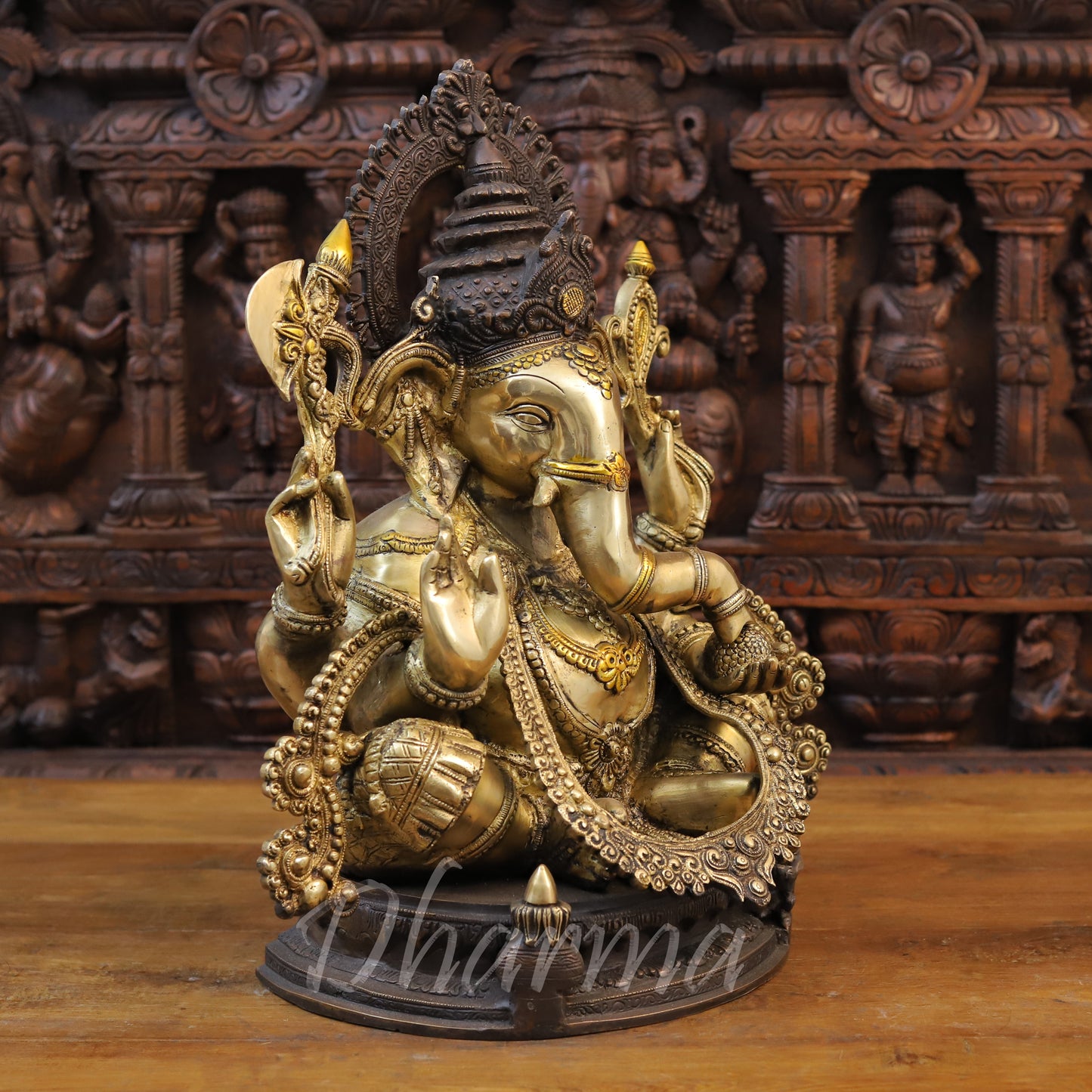 Brass Ganesh seated on Base with Fine Carved jewelry, Copper & Golden Finish, 19.5"