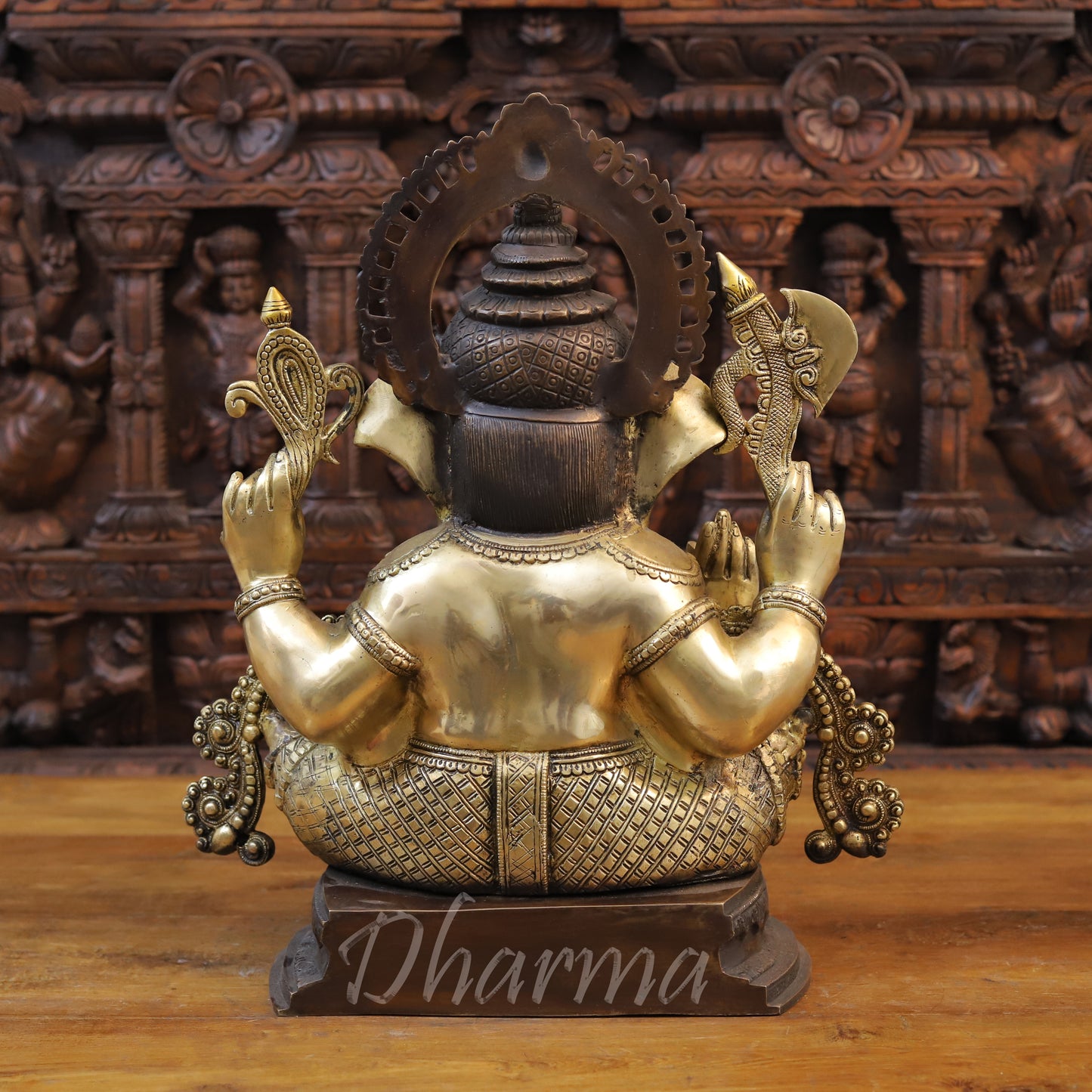 Brass Ganesh seated on Base with Fine Carved jewelry, Copper & Golden Finish, 19.5"