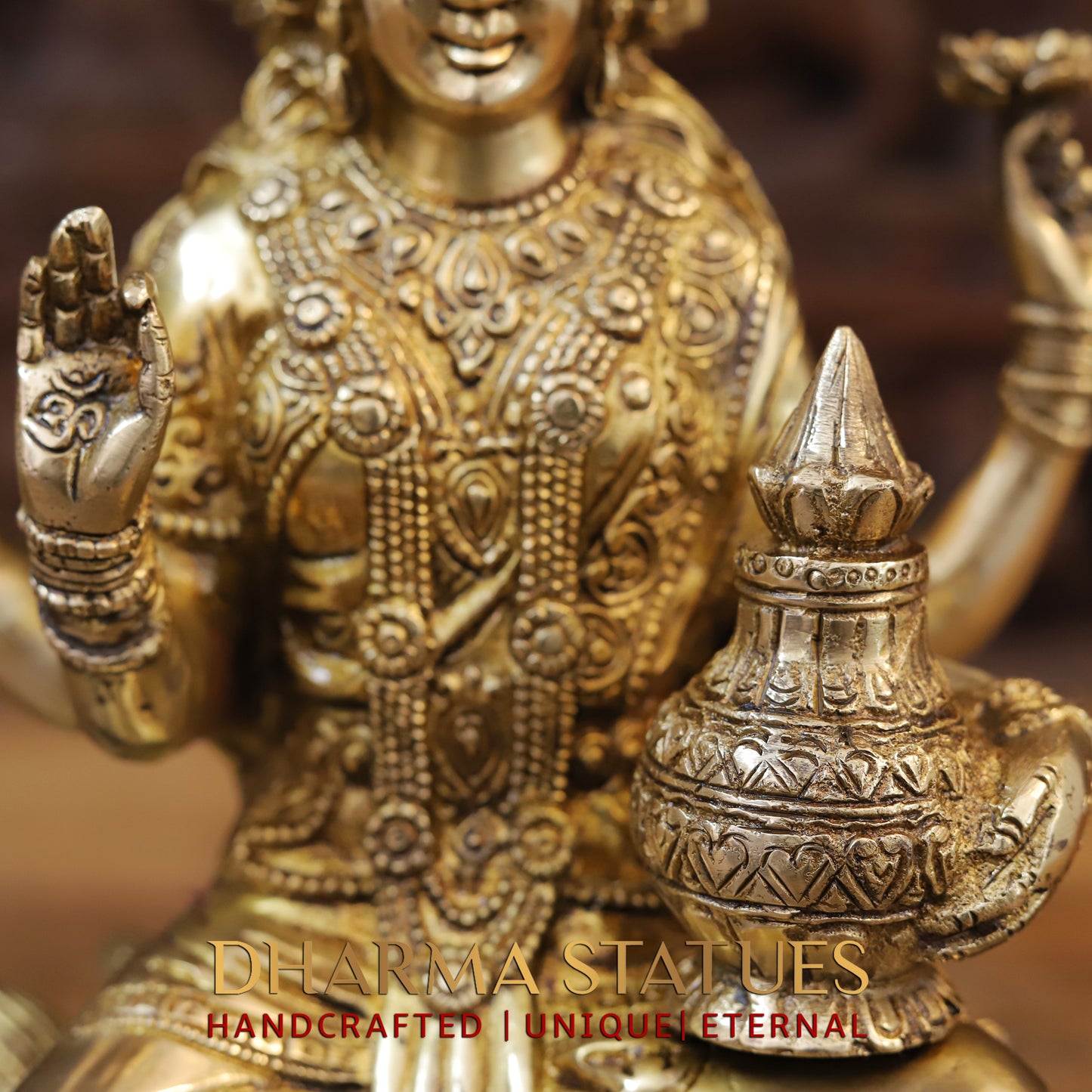 Brass Lakshmi seated on Lotus, Blessing Posture, Golden Finish, 12"