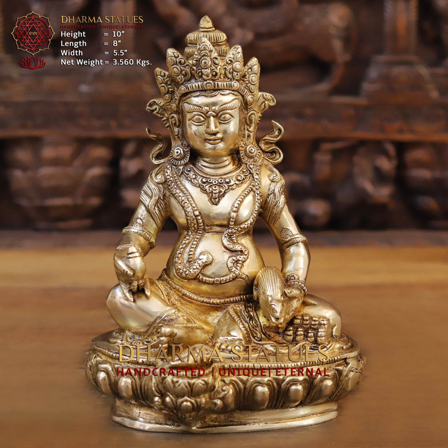 Brass Kuber Devta seated, Golden Finish, 10"