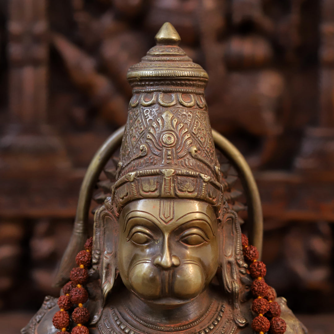 Brass Hanuman Idol, Seated in Dhyaan Mudra, Golden Finish with Brown Accents 13"