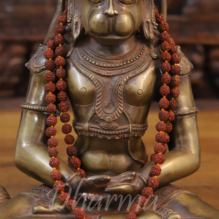 Brass Hanuman Idol, Seated in Dhyaan Mudra, Golden Finish with Brown Accents 13"