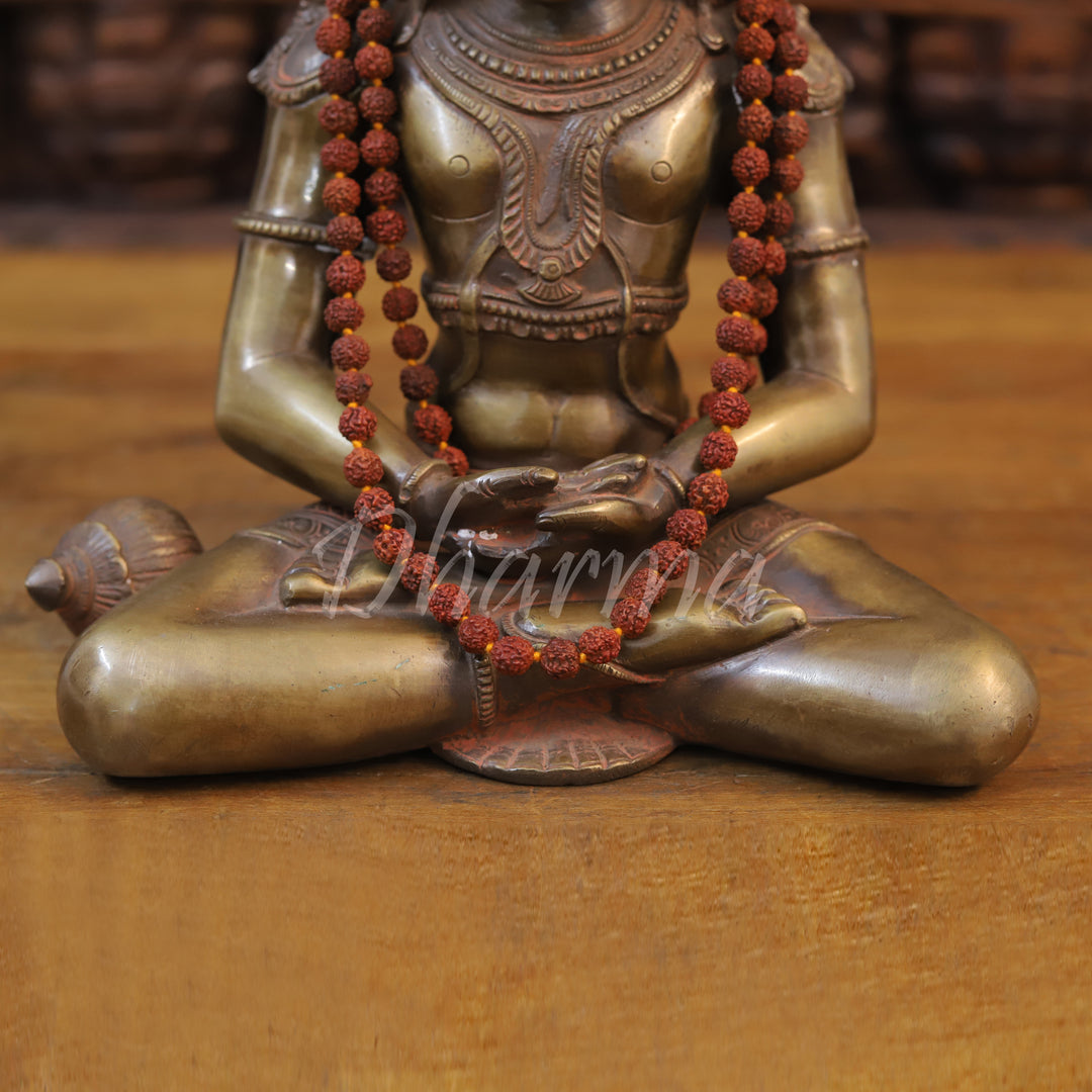 Brass Hanuman Idol, Seated in Dhyaan Mudra, Golden Finish with Brown Accents 13"