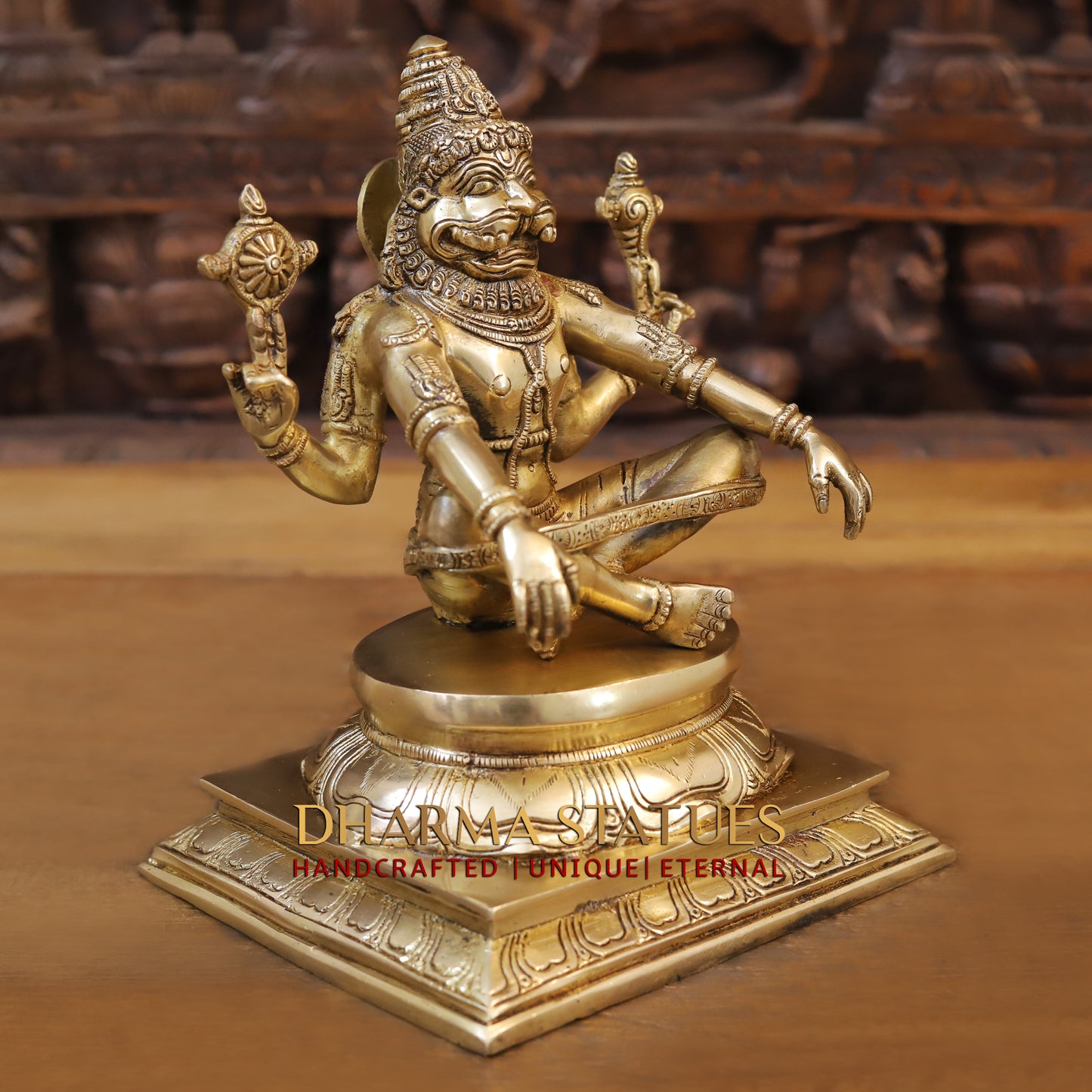 Brass Narasimha seated, Golden Finish, 10"