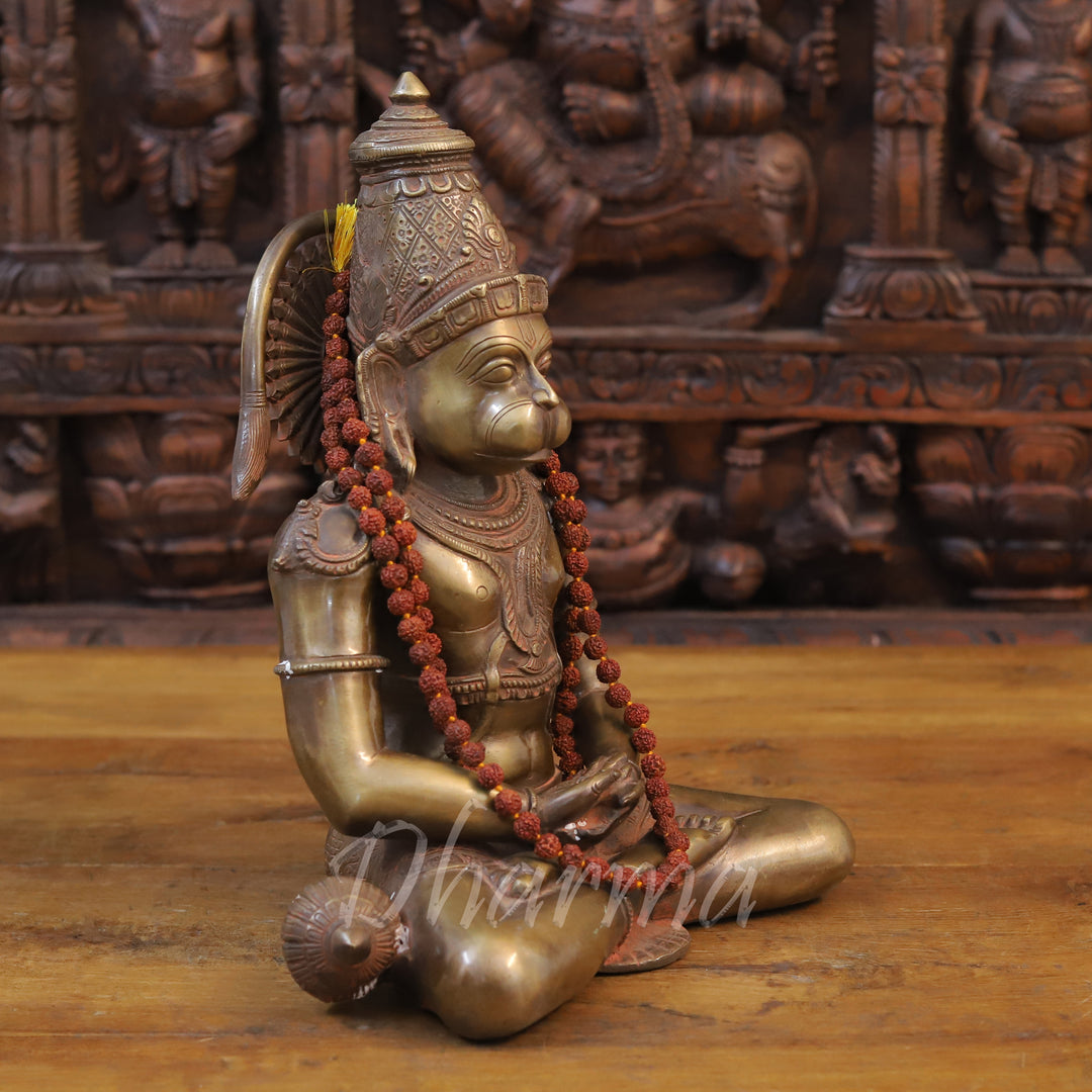 Brass Hanuman Idol, Seated in Dhyaan Mudra, Golden Finish 13" side view