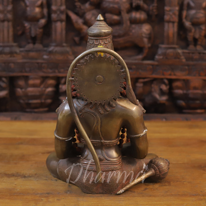 Brass Hanuman Idol, Seated in Dhyaan Mudra, Golden Finish 13" back view