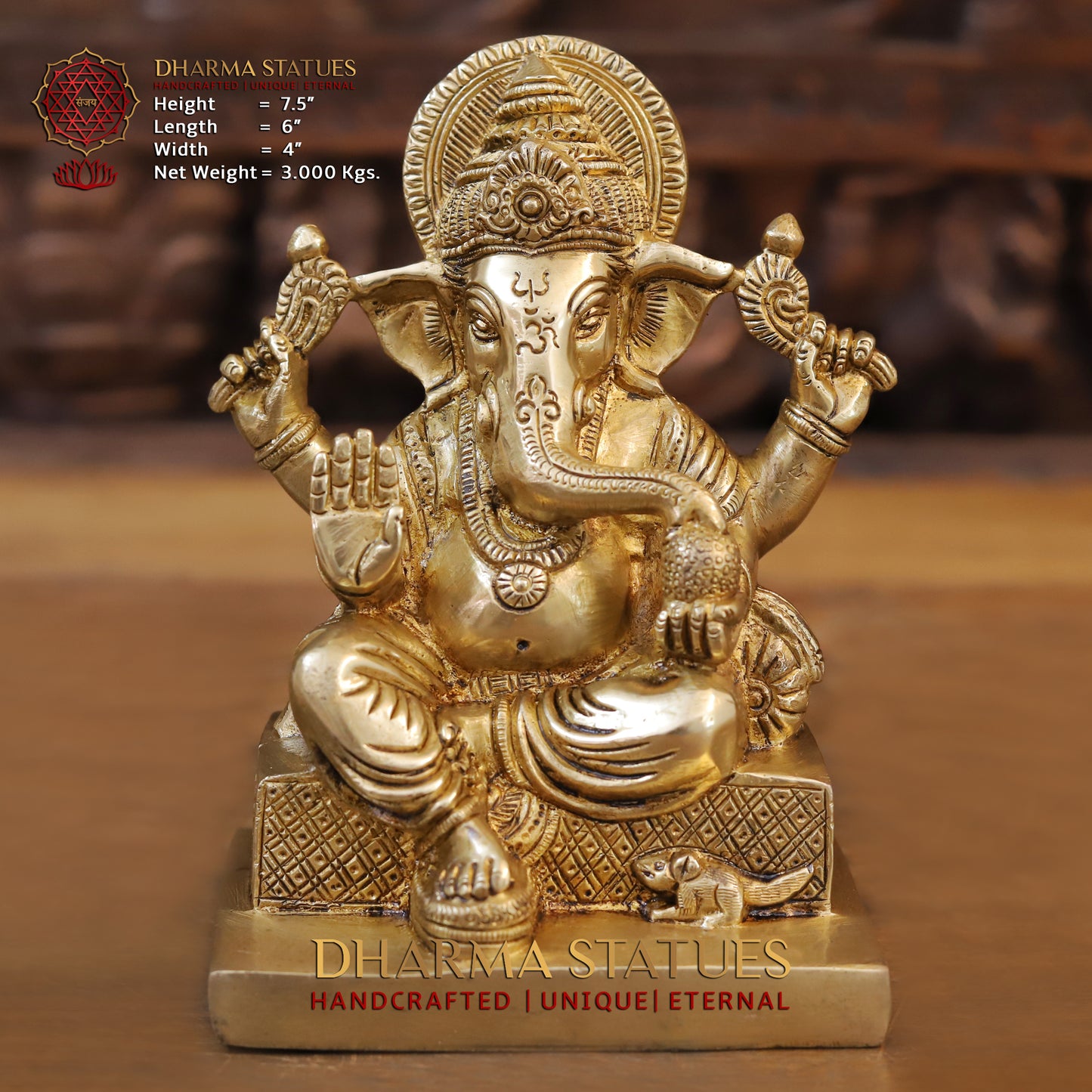 Brass Ganesh seated, Blessing Posture, Golden Finish, 7.5"