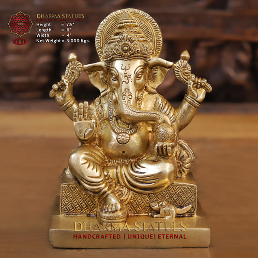 Brass Ganesh seated, Blessing Posture, Golden Finish, 7.5"