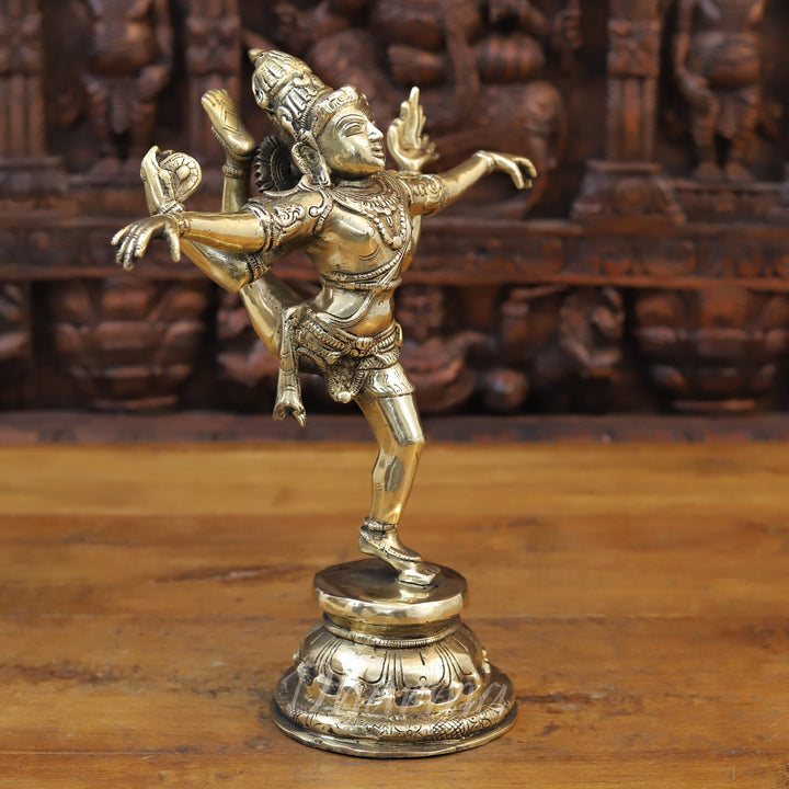 Brass Natraj Statue, Lord Shiva, Fine Golden Finish 13.5" side view