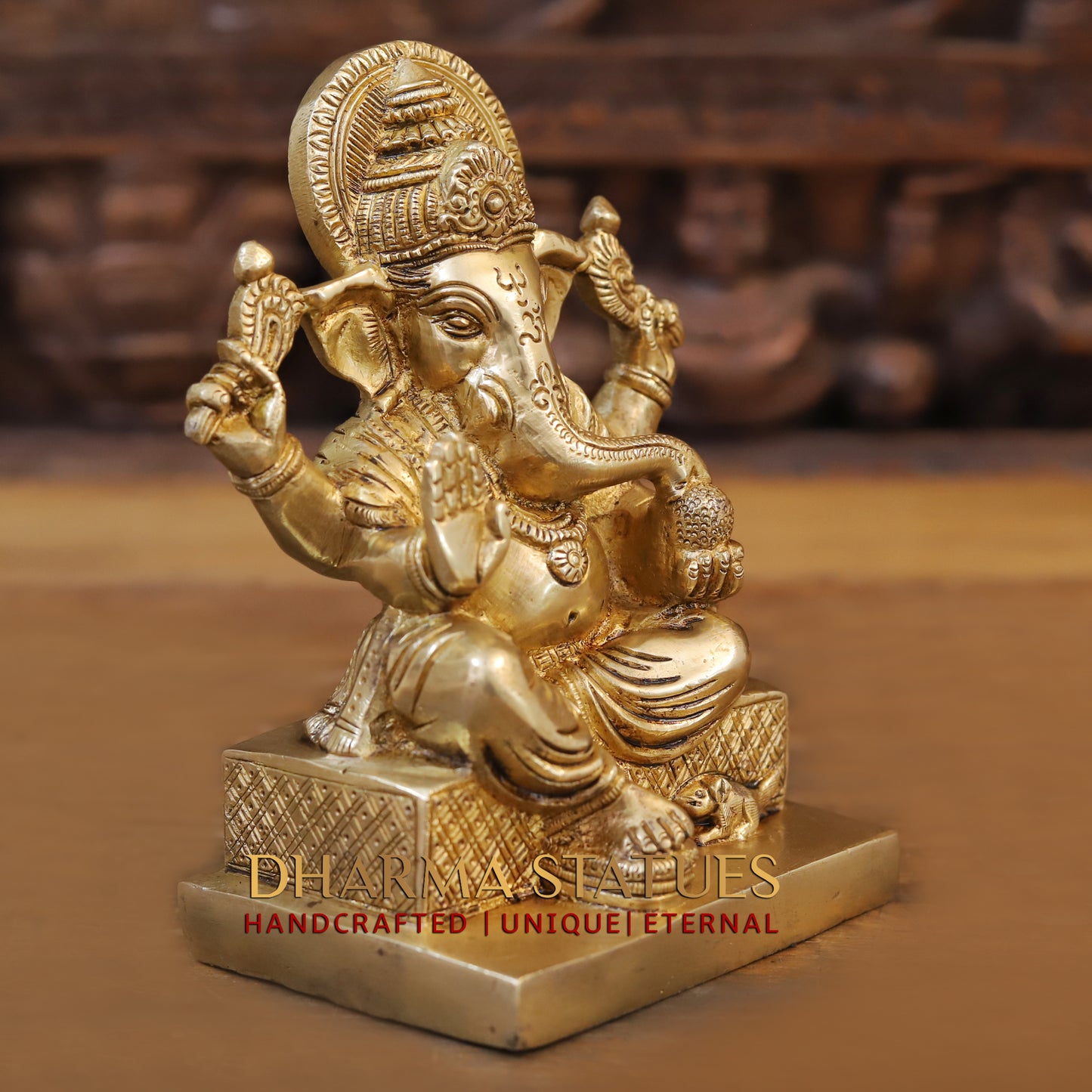 Brass Ganesh seated, Blessing Posture, Golden Finish, 7.5"