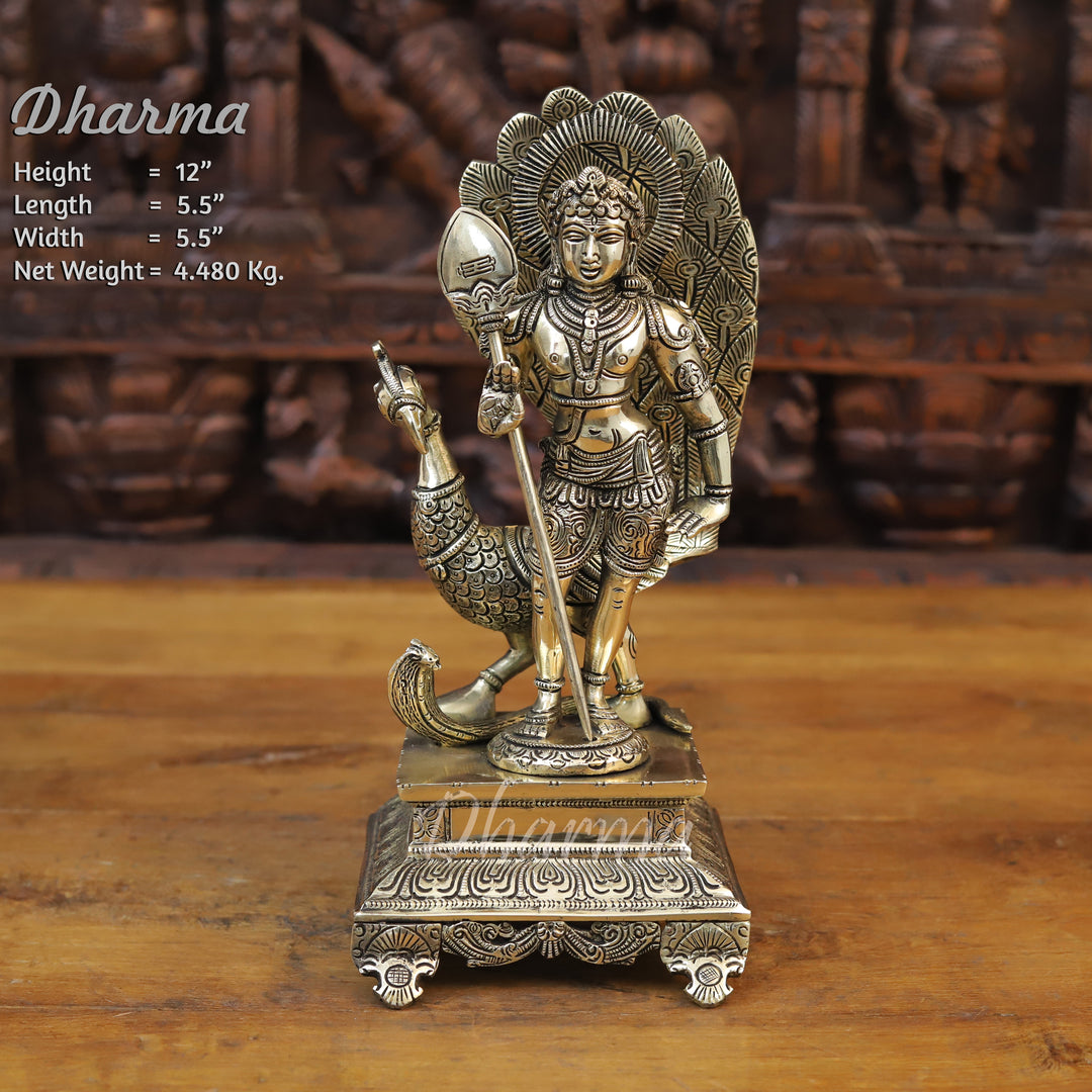 Brass Kartikeya Idol, Standing with Peacock, Fine Silver Finish 12" Front View