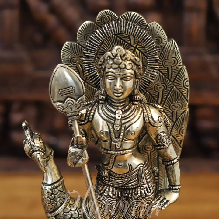 Brass Kartik, Standing on Pedastal with Peacock, Fine Golden Finish 12"