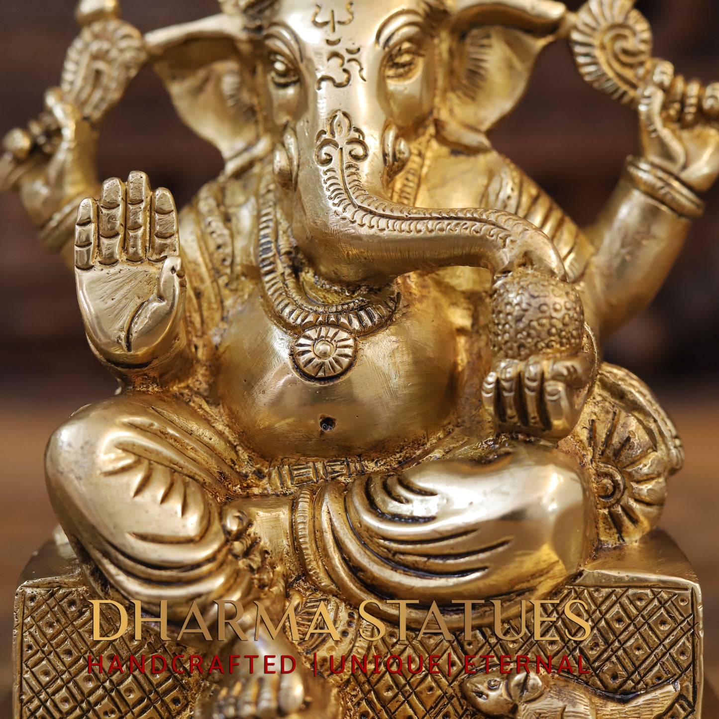 Brass Ganesh seated, Blessing Posture, Golden Finish, 7.5"