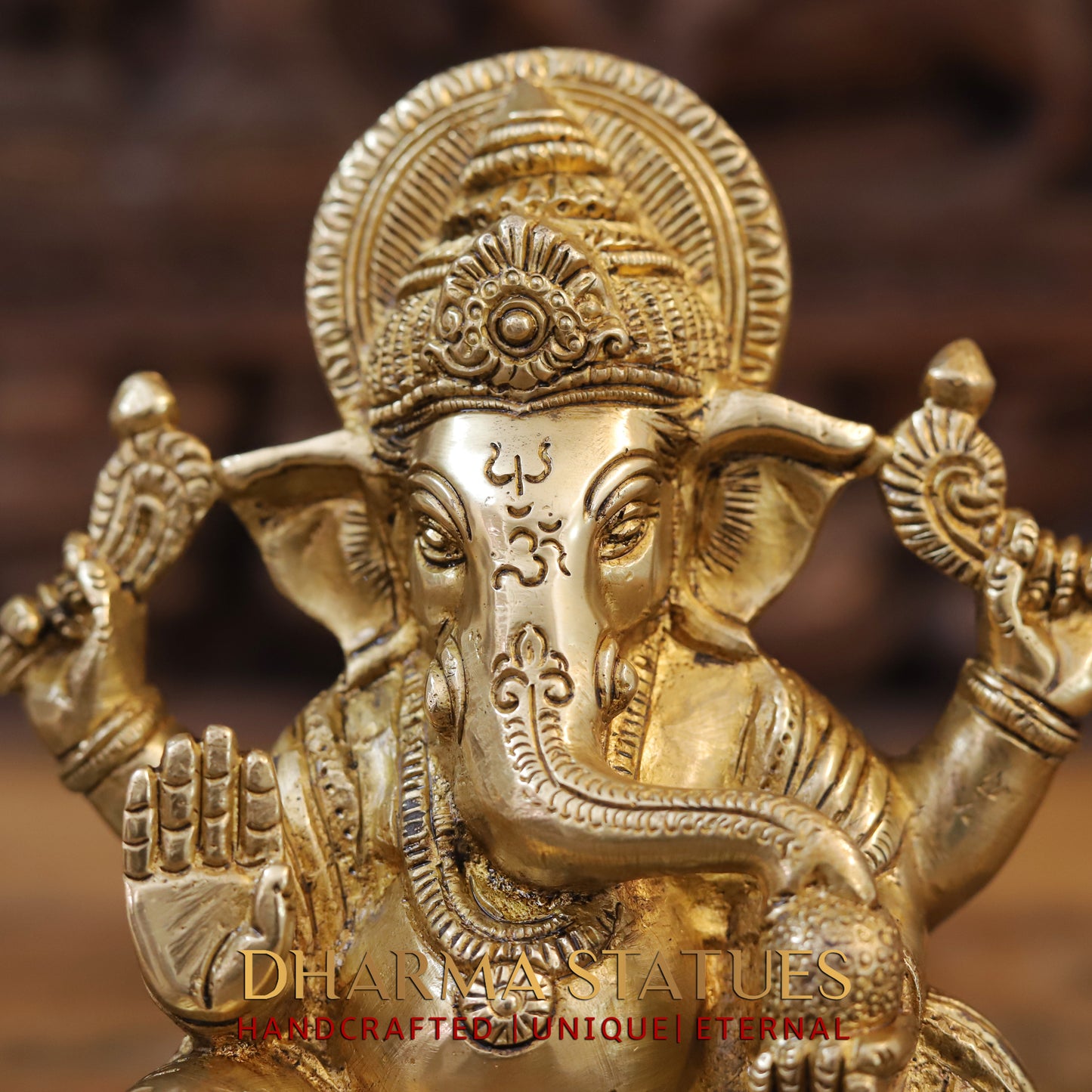 Brass Ganesh seated, Blessing Posture, Golden Finish, 7.5"
