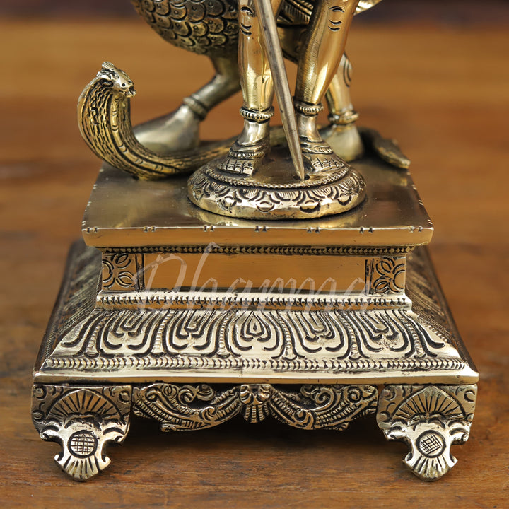 Brass Kartik, Standing on Pedastal with Peacock, Fine Golden Finish 12"