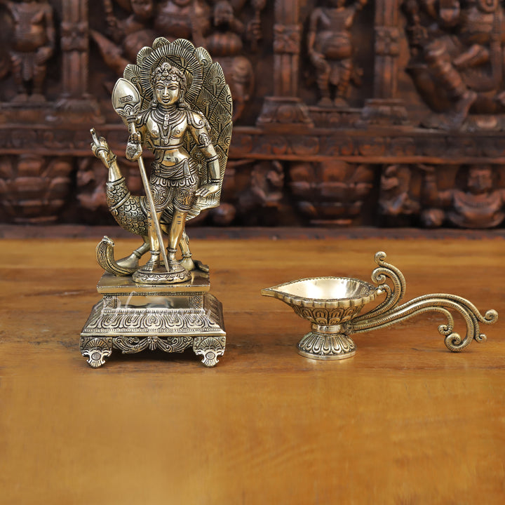 Brass Kartik, Standing on Pedastal with Peacock, Fine Golden Finish 12"