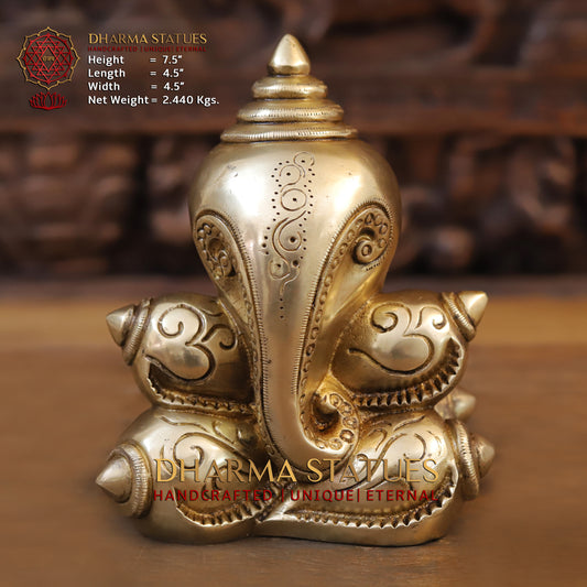 Brass Modern Shankhya Ganesha with OM inscriptions, Golden Finish, 7.5"