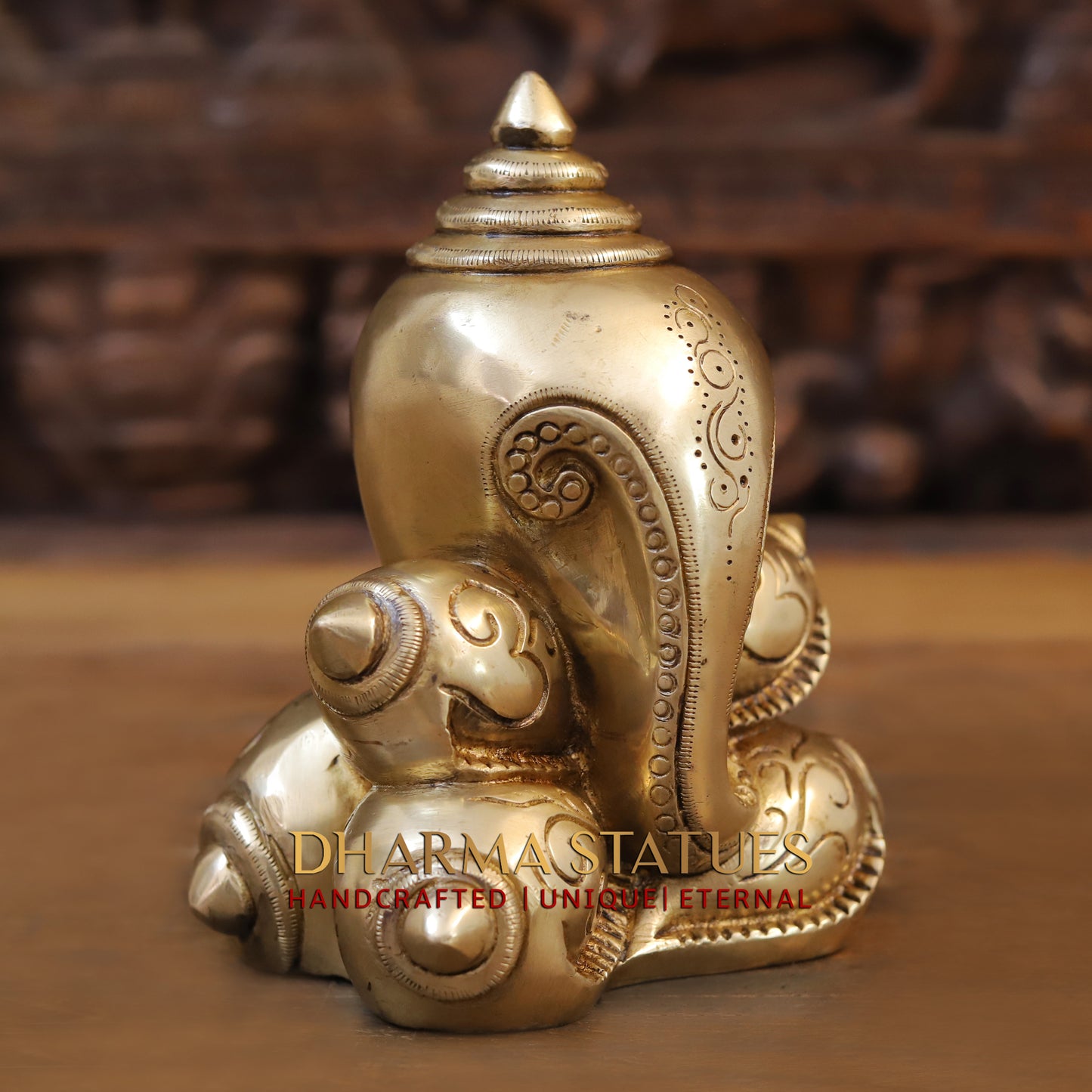 Brass Modern Shankhya Ganesha with OM inscriptions, Golden Finish, 7.5"