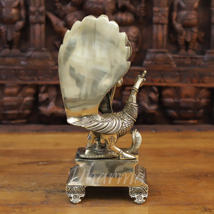 Brass Kartikeya Idol, Standing with Peacock, Fine Silver Finish 12" back view