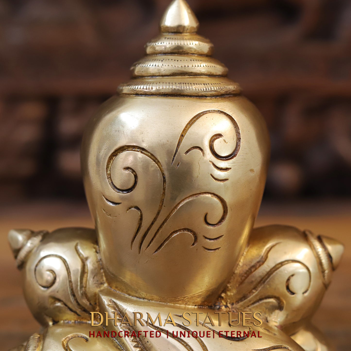 Brass Modern Shankhya Ganesha with OM inscriptions, Golden Finish, 7.5"
