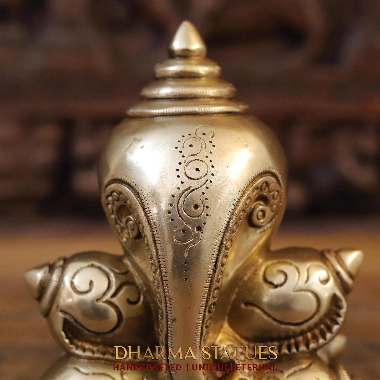 Brass Modern Shankhya Ganesha with OM inscriptions, Golden Finish, 7.5"