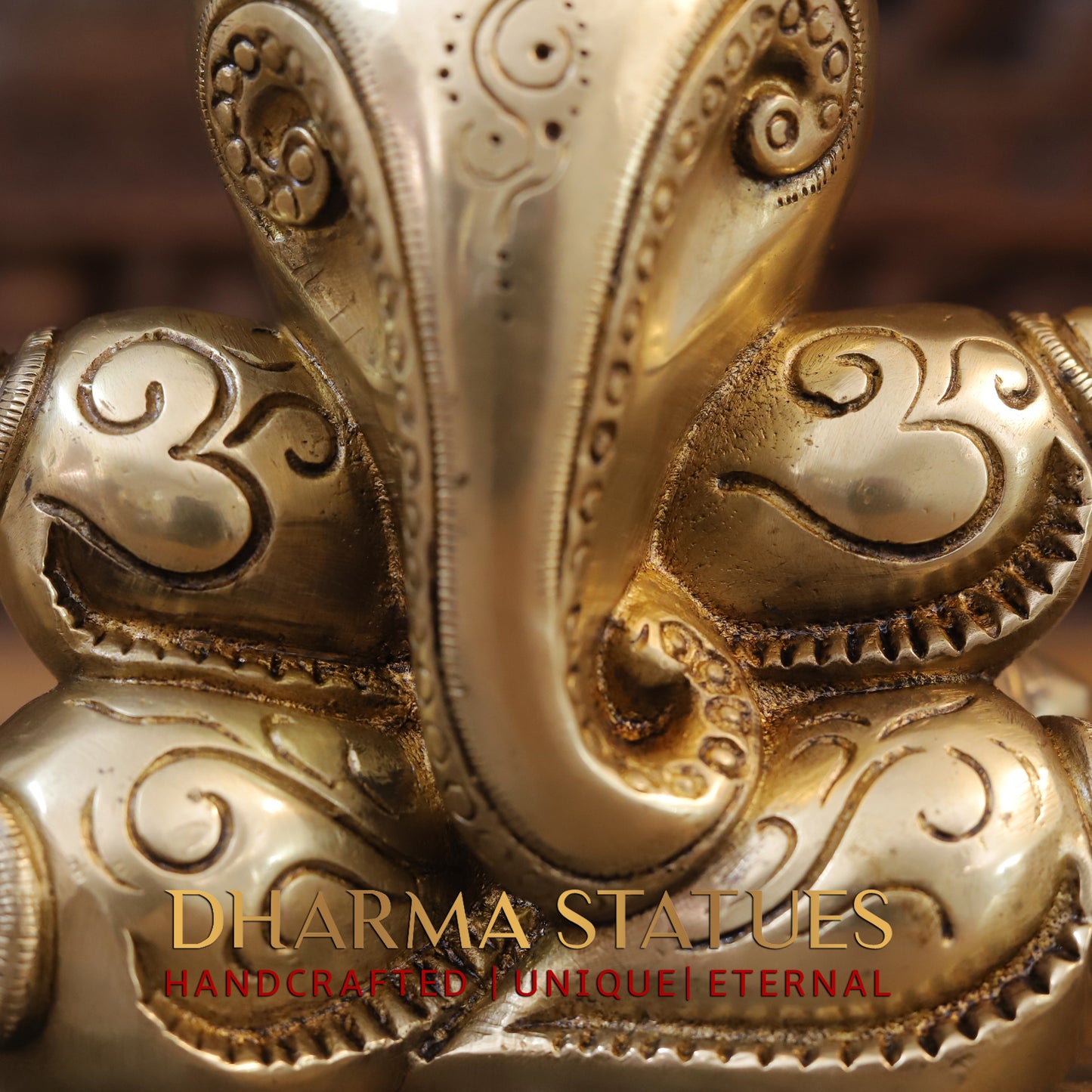 Brass Modern Shankhya Ganesha with OM inscriptions, Golden Finish, 7.5"