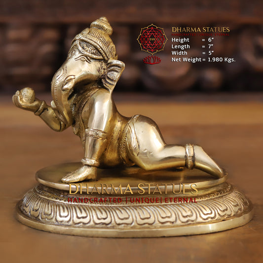 Brass Ganesh with Modak in Hands, Golden Finish, 6"