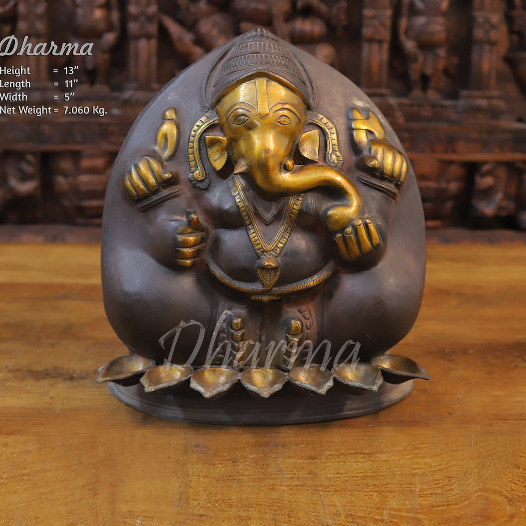 Brass Ganesh Diya, Bronze and Golden Finish 13" Front View