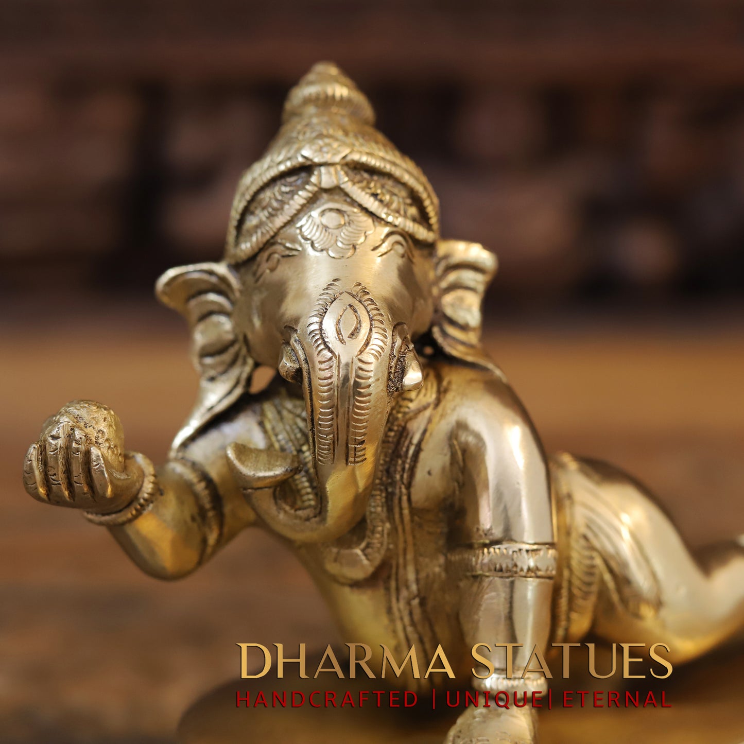 Brass Ganesh with Modak in Hands, Golden Finish, 6"